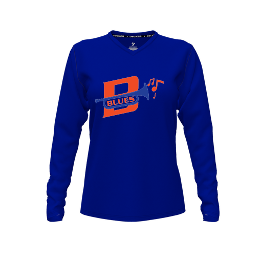 [CUS-DFW-TEES-PER-VNK-LSL-RYL-FYXS-LOGO3] Performance T-Shirt (Female Youth XS, Royal, V Neck, Logo 3, Long Sleeve)