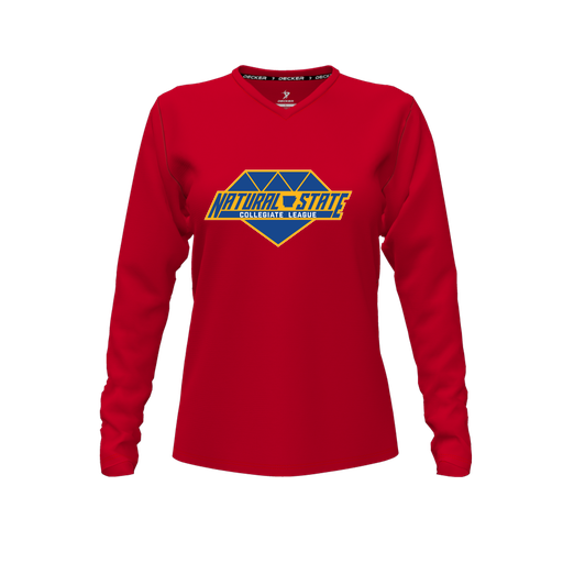 [CUS-DFW-TEES-PER-VNK-LSL-RED-FYXS-LOGO2] Performance T-Shirt (Female Youth XS, Red, V Neck, Logo 2, Long Sleeve)